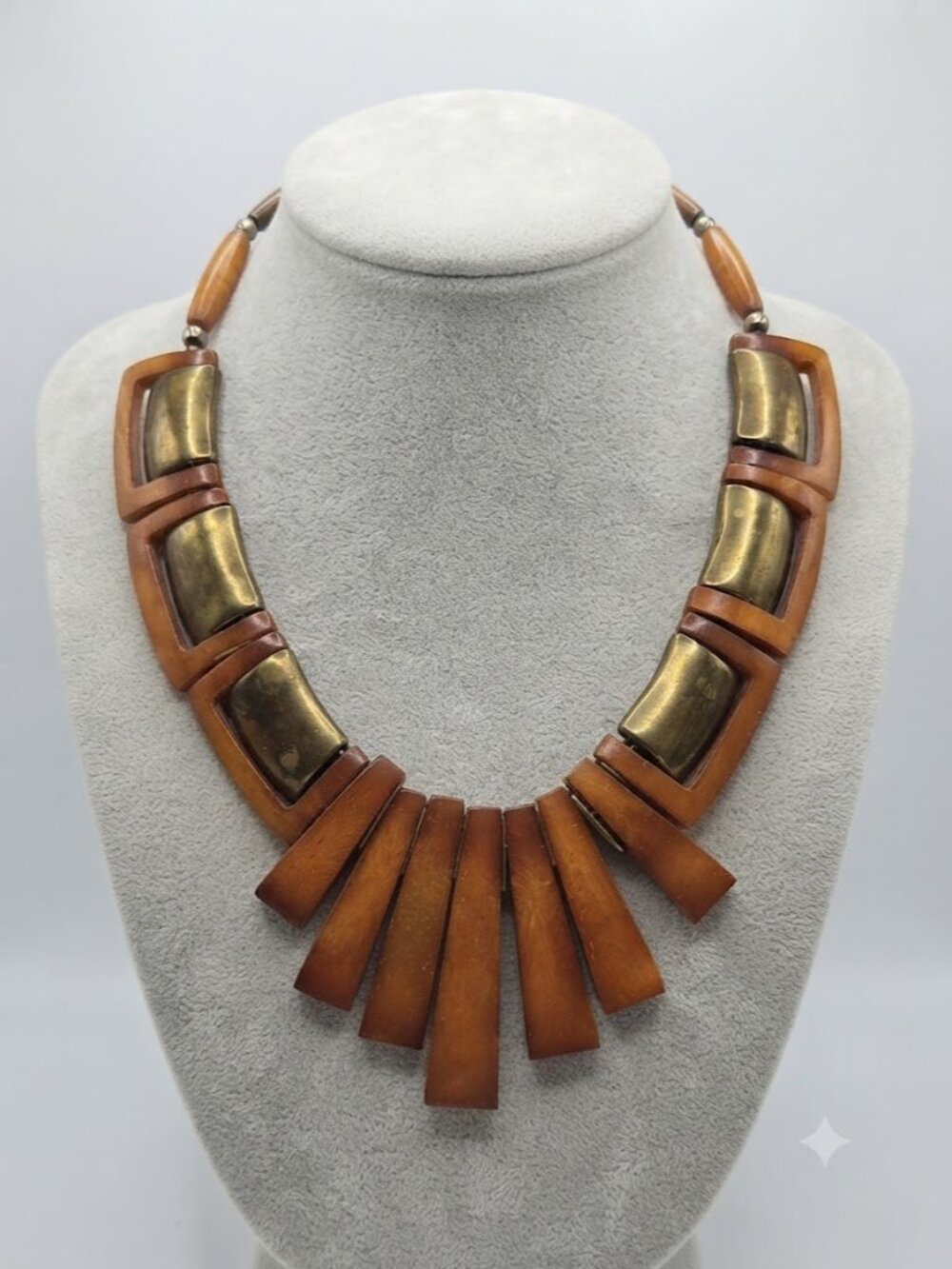 Vintage Carved Bone Brass Collar Necklace Mid Century Geometric Statement Fan
